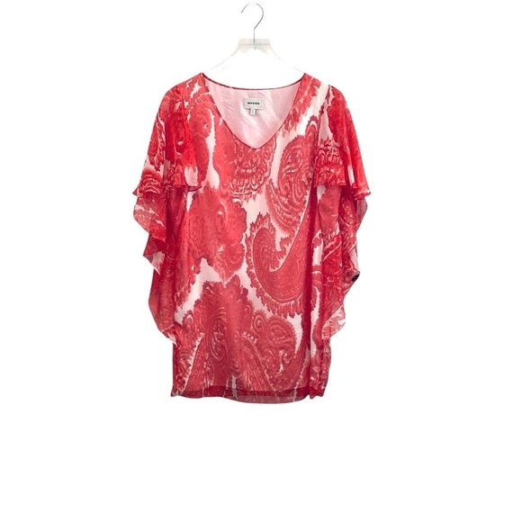 Milly Silk Coral and White Swim Coverup with V-Neck and Flutter Sleeves Size 4 - Picture 8 of 12
